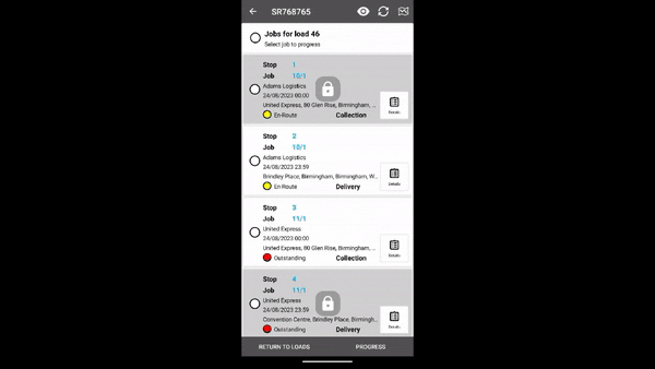 .GIF showing a driver arriving at a collection point and changing the job status from ‘outstanding’ to ‘picked up’. The app then syncs with the TMS and updates the job status in the TMS job planner.