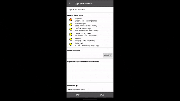 Demo showing a driver signing off the inspection and uploading it to the TMS.